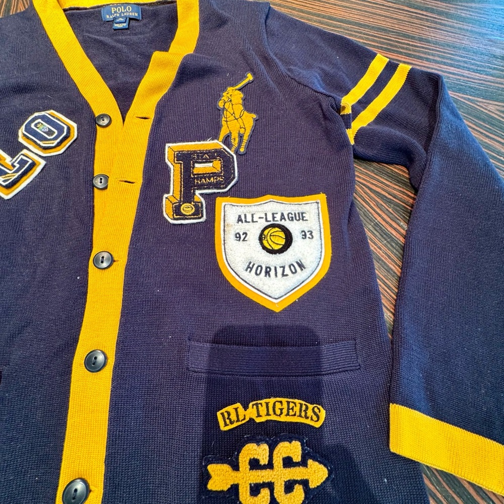 🔥🔥 HOT Polo Ralph Lauren Navy Yellow Varsity Preppy Cardigan Patches P Wing - Picture 9 of 16